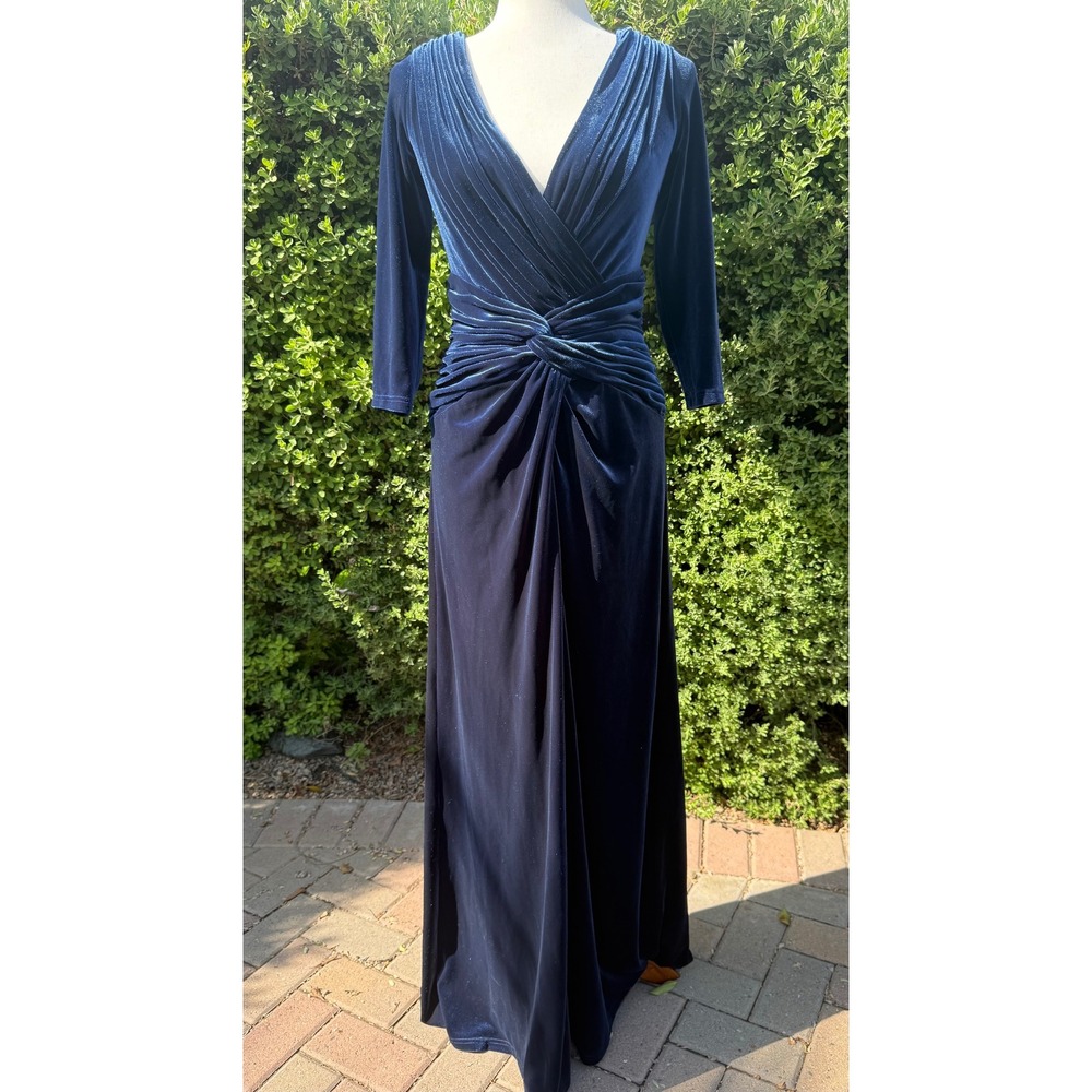 Tadashi Collection Navy Blue Velvet Ruched V-Neck Gown Evening Dress Sz S Formal
